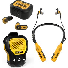 DEWALT Ultimate Jobsite Audio Bundle – Wireless Earbuds, Clip-On Speaker, & Neckband Earphones