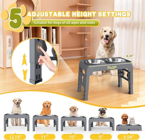 Elevated Dog Bowls 5 Height Adjustable Raised Dog Bowl with 2 Stainless Steel Dog Food Bowls Non-Slip Dog Bowl Stand Adjusts to 3.54", 9", 10", 11", 12.13" for Medium Large Dogs Black in Saudi Arabia