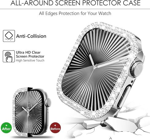 Wingle 2 Pack Bling Case for Apple Watch Series 10 46mm Screen Protector Case, Diamond Face Cover Apple Watch 10 46 mm Crystal Rhinestone iWatch Protective Tempered Glass Screen Protector Silver/Clear in Kuwait