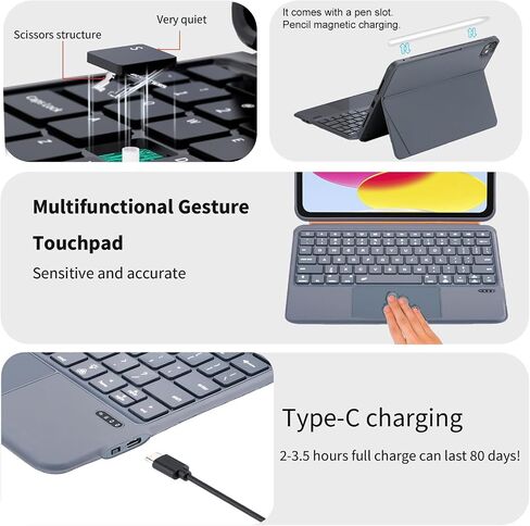 QUARK Detachable Case with Keyboard for iPad Pro 11 inch M4 2024, Bluetooth Keyboard with Ultralight Removable Cover, with Trackpad, 7-Color Backlight (Black Grey) in Saudi Arabia