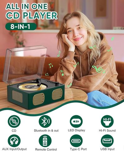 Portable Bluetooth CD Player with Speaker, Retro CD Player, LED Screen, USB Playback, AUX Input/Output, Rechargeable, Perfect for Home Decoration, Remote Control, and Home Entertainment in Saudi Arabia