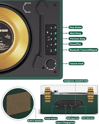 Portable Bluetooth CD Player with Speaker, Retro CD Player, LED Screen, USB Playback, AUX Input/Output, Rechargeable, Perfect for Home Decoration, Remote Control, and Home Entertainment in Saudi Arabia
