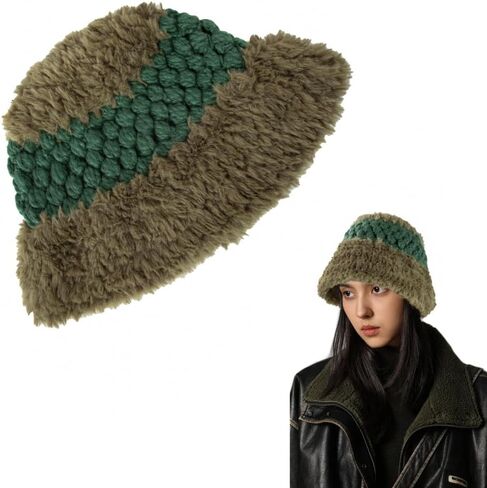 Fuzzy Kintted Bucket Hat for Women Faux Fur Winter Soft Hat Outdoor Cap in Saudi Arabia
