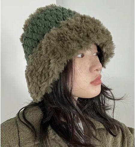 Fuzzy Kintted Bucket Hat for Women Faux Fur Winter Soft Hat Outdoor Cap in Saudi Arabia