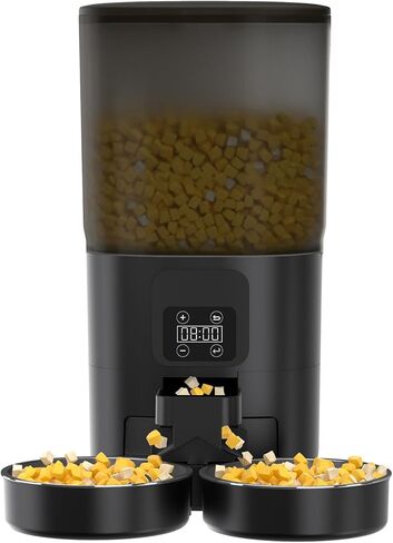 7L Automatic Cat Feeder for 2 Cats, 2-Way Splitter Timed Cat Dry Food Dispenser with 2 Bowls, Programmable Control 1-12 Meals, Dual Power Supply, Auto Pet Feeder for Multi-Pet in Saudi Arabia