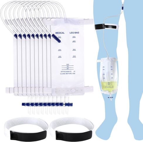 TrelaCo 10 Pcs Catheter Leg Bag Urinary Drainage Bag with Anti Reflux Valve Catheter Supplies with 2 Anti Slip Foley Catheter Stabilization Device Holder for Men Women(750 ml) in Kuwait