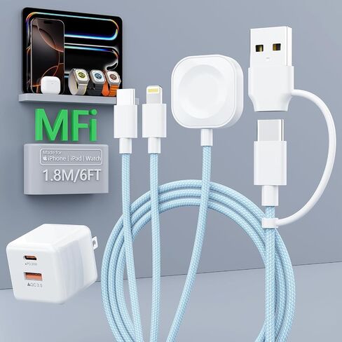 3 في 2 كابل USB C لشاحن Apple Watch مع قابس الجدار السريع 20W PD ، تم ترقية شاحن ISB المغناطيسي USB متعدد الشحن متوافق مع IWATCH ULTRA/SE/10/9/iPhone 16/15/14/GALAXY (6ft) in Kuwait