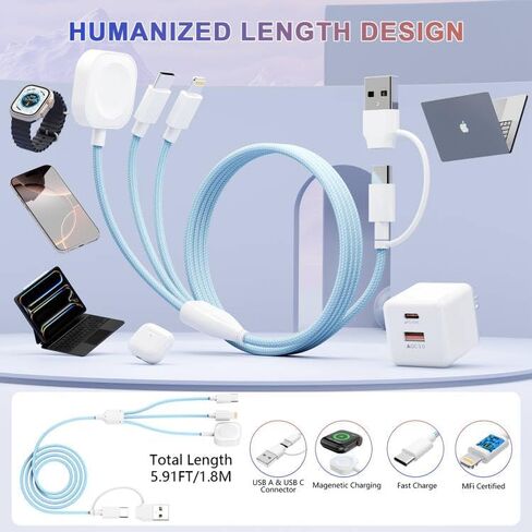 3 في 2 كابل USB C لشاحن Apple Watch مع قابس الجدار السريع 20W PD ، تم ترقية شاحن ISB المغناطيسي USB متعدد الشحن متوافق مع IWATCH ULTRA/SE/10/9/iPhone 16/15/14/GALAXY (6ft) in Kuwait
