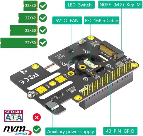 Sintech M.2 NVMe to PCIe 3 in 1 Combo Adapter Card with Cooler Fan and Automatic Discoloration LED for Raspberry Pi 5 (Support 2230,2242,2280 SSD) in Saudi Arabia