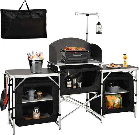 Camping Kitchen Station, Camping Table, Folding Camping Cooking Table with Storage Bag, Upgrade Light Stand & Windshield Cooking Station, for BBQ, Picnic, Cooking in Saudi Arabia