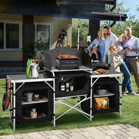 Camping Kitchen Station, Camping Table, Folding Camping Cooking Table with Storage Bag, Upgrade Light Stand & Windshield Cooking Station, for BBQ, Picnic, Cooking in Saudi Arabia