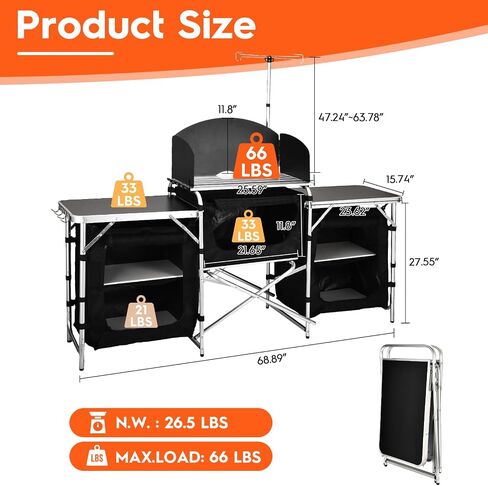 Camping Kitchen Station, Camping Table, Folding Camping Cooking Table with Storage Bag, Upgrade Light Stand & Windshield Cooking Station, for BBQ, Picnic, Cooking in Saudi Arabia