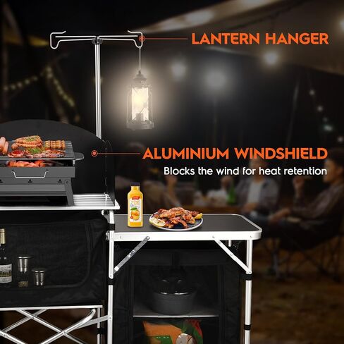 Camping Kitchen Station, Camping Table, Folding Camping Cooking Table with Storage Bag, Upgrade Light Stand & Windshield Cooking Station, for BBQ, Picnic, Cooking in Saudi Arabia