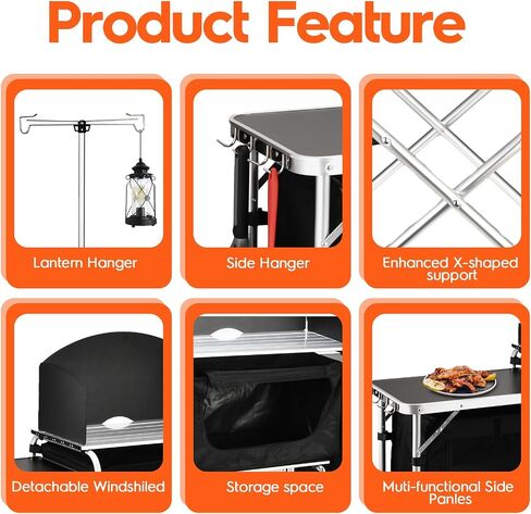 Camping Kitchen Station, Camping Table, Folding Camping Cooking Table with Storage Bag, Upgrade Light Stand & Windshield Cooking Station, for BBQ, Picnic, Cooking in Saudi Arabia