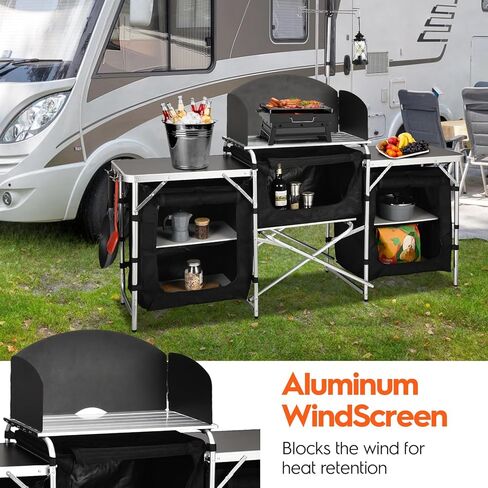 Camping Kitchen Station, Camping Table, Folding Camping Cooking Table with Storage Bag, Upgrade Light Stand & Windshield Cooking Station, for BBQ, Picnic, Cooking in Saudi Arabia