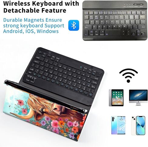 Keyboard Case for iPad (A16) 11th/10th Generation (11/10.9 Inch, 2025/2022), Detachable Bluetooth Keyboard, Thin & Light Folio Cover, Cow and Flower in Saudi Arabia