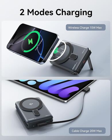 10000mAh Magnetic Portable Charger for iPhone, 15W Qi2 Wireless Power Bank Built in USB-C Cable, 20W USB C Output, Alloy Stand, External Battery Pack Compatible with Magsafe for iPhone 16-12, Grey in Saudi Arabia