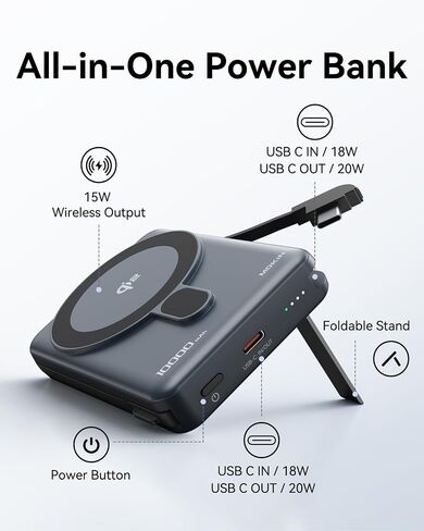10000mAh Magnetic Portable Charger for iPhone, 15W Qi2 Wireless Power Bank Built in USB-C Cable, 20W USB C Output, Alloy Stand, External Battery Pack Compatible with Magsafe for iPhone 16-12, Grey in Saudi Arabia