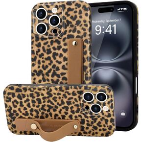 for iPhone 15 Case with Wrist Strap, Cheetah Leopard Tortoise Shell Print Shockproof Soft TPU Protective Case for Women Girls, Slim Anti Scratch Case for iPhone 15 6.1 Inch,Brown