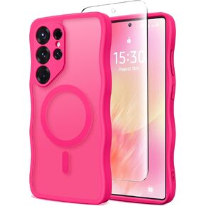 for Samsung Galaxy S25 Ultra Case for Women Girls, Upgraded [Full Camera Protection] [Compatible with MagSafe] Cute Wave Translucent Matte Phone Case for Samsung S25 Ultra, Hot Pink