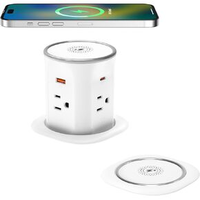 Pop Up Outlet for Countertop 3.15-inch Desk Wire Hole Insert,9-in-1 Power Strip with 15W Wireless Charger,4 Outlets 4 USB Ports,15Amp Tamper Resistant Receptacle, Space Saver,3FT Cord (White)