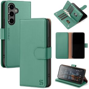 Compatible with Samsung Galaxy S24 FE Wallet Case with Card Holder,Women Men RFID Blocking PU Leather Flip TPU Protective Cover Credit Card Slots,Phone Case for Galaxy S24 FE 5G,Green