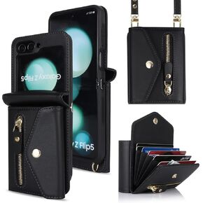 Cavor for Samsung Galaxy Z Flip 5 Case Wallet with Wrist Crossbody Strap Lanyard Card Holder Stand Shoulder Slot,Z Flip 5 Phone Case Cute,Anti-Drop,Leather Zipper Pocket Shockproof Case-Black