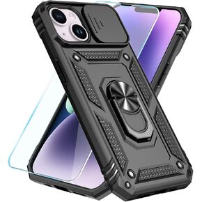 SunStory Compatible with iPhone 14 Plus Case with HD Screen Protector & Slide Camera Cover & Rotated Ring Kickstand, [Military-Grade] Phone Case for iPhone 14 Plus (Red)