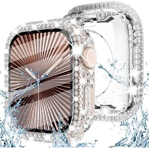 Fullife 2 in 1 Waterproof Bling Case for Apple Watch Series 10 Screen Protector 42mm, Women Glitter Diamond Front & Back Face Cover 360° All-Round Hard PC Protective for iWatch S10 (42mm, Rainbow)