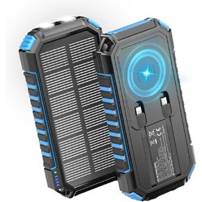 Riapow Solar Charger Power Bank, 27000mAh Wireless Portable Charger Built-in Cables, 22.5W Fast Charging Battery Bank with USB C in/Output, PD QC 3.0 Battery Pack Flashlights Outdoor (Blue)