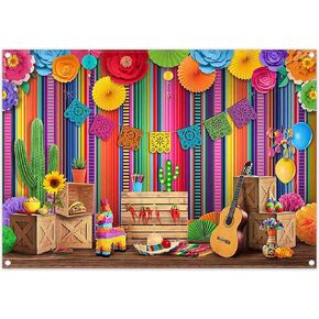 7x5ft Fabric Cinco De Mayo Backdrop Mexican Fiesta Colorful Stripes Flower Chili Cactus Guitar Photography Background Festival Party Decorations Photo Booth Banner