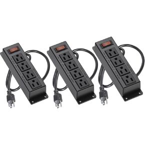 3PCS Wall Mount Power Outlet Strip, 3FT Cord Mountable Power Strip with Switch, 4 Outlet Under Desk Power Strip for Office/Industrial/Home, Flat Plug, Black