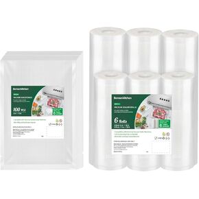 Bonsenkitchen Vacuum Sealer Rolls Bags, 6 Pack 3 Rolls 11" x 20' + 3 Rolls 8" x 20'+ 100 Pint 6" x 10"