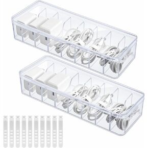 2 Pack Plastic Cord Organizer Box with 20 Wire Ties, Electronics Accessories Storage Case, Clear Cell Phone Cord Storage Organizer with 8 Compartments for Home Office Desk Organizers