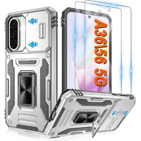 for Samsung Galaxy A36 5G Case/Galaxy A56 with [2 Pack] HD Screen Protector & Slide Camera Cover, Rotation Ring Kickstand [Military Grade] Shockproof Protective Case for A36 5G- Black