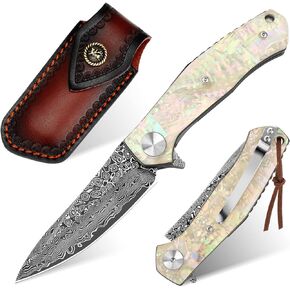Benkey Damascus Pocket Knife with Clip Leather Sheath Sharp VG10 Core Folding Knife, EDC with Liner Lock Unique Abalone Seashells Handle for Outdoor Survival Camping Collection