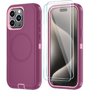 Magnetic for iPhone 15 Pro Max Case with HD Screen Protector, Compatible with MagSafe, Heavy Duty Shockproof & DustProof 3-Layer Phone Case for iPhone 15 Pro Max 6.7", WinePink