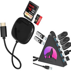 USB C SD Card Reader,for iPhone 15/16,iPad Pro,MacBook+Howling Wolf USB Hub,7 USB 3.0 Ports,Black,2ft Cable