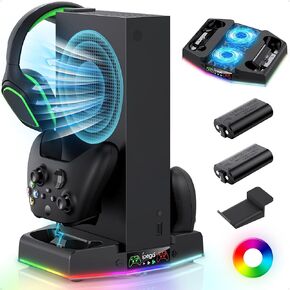 FYOUNG Vertical Charger Stand & Cooling Station for Xbox Series S, Upgrade Controller Charging Dock with 15 RGB Light, Cooler Fan System, 2X 1400mAh Rechargeable Battery, Headset Holder (Black)