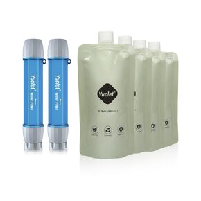 Squeeze Water Filtration System for Hiking, Camping, Travel, and Emergency Preparedness (2 Water Filter Straw, 4 Squeezable Water Pouch)