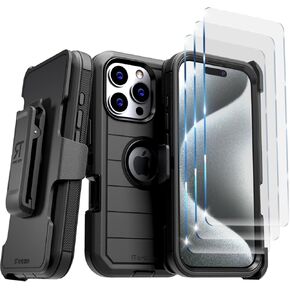 for iPhone 16 Pro Max Case with Belt Clip Holster & Kickstand, 3-Pack Tempered Glass Screen Protector, Kickstand Slim Cover Phone Case for iPhone 16 Pro Max- Black