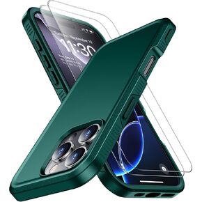 SPIDERCASE Designed for iPhone 16 Pro Case, [12 FT Military Grade Protection] 2 Pack [Tempered Glass Screen Protectors] Heavy Duty Shockproof Flip Cell Phone Cases,Dark Green