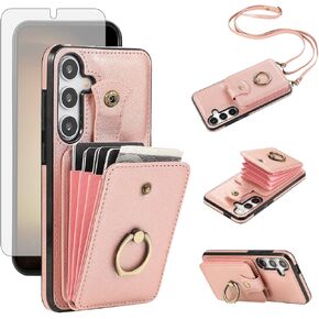 Phone Case for Samsung Galaxy S24 Plus S24+ 5G Wallet Cell Cover with Screen Protector and Crossbody Strap Ring Stand RFID Credit Card Holder Kickstand S24plus 24S + S 24 24+ Women Girls Beige