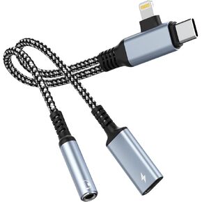 Lightning and USB C to 3.5mm Headphone and Fast Charger Adapter 2-in-2 iPhone Type-C to 3.5mm Jack Aux Adapter Converter Dongle Audio Cable for ipad iPhone 16 15 14 Samsung,Pixe, Support Calling