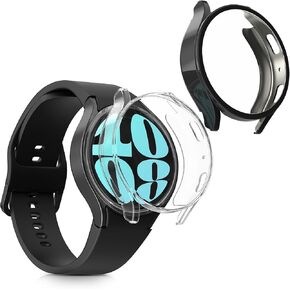 kwmobile Case Compatible with Samsung Galaxy Watch 6 44mm Case - 2X TPU Silicone Fitness Tracker Cover - Black/Transparent