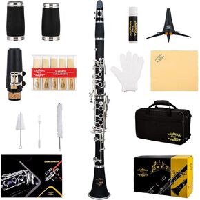 Glory Clarinet GLY-PBK Professional Ebonite Bb Clarinet with 10 Reeds, Stand, Hard Case, Cleaning Cloth, Cork Grease, Mouthpiece Brush and Pad Brush, Black