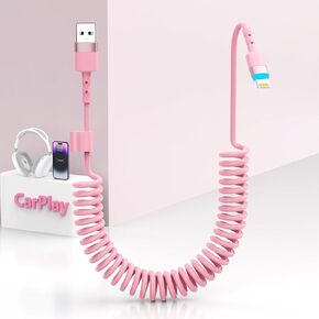 CarPlay iPhone USB Coiled Lightning Charging Cable for Car/Uber,4Ft Apple Short Charging Cord Sync Data Retractable Charger Adapter Connector for iPhone 15/14/13/SE/Xr/iPad/AirPod[MFi Certified]-Pink