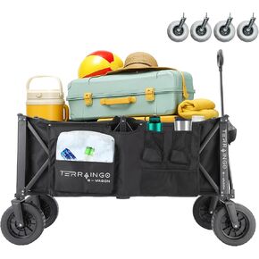 310L Extra/Large Foldable Wagon Cart, 47" 550LB Inlfatable Beach & All-Terrain Wheels, Utility Cart for Garden, Fishing, Groceries, Sports – Built-in Cooler Pouch, Storage Pockets & Cupholders