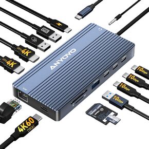 ANYOYO USB C Docking Station Dual Monitor 4K60HZ, 14-in-1 Docking Station 3 Monitor(2 HDMI+USB C Video Out),10Gbps(4*USBC+1A),PD100W,1G Ethernet, Laptop Dock for Dell,HP, Lenovo,USBC Monitor