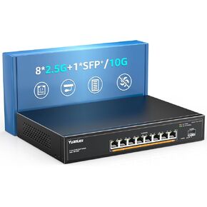 YuanLey 9 Port 2.5G PoE Switch Unmanaged, 8 x 2.5G Base-T PoE Ports, 10G SFP, IEEE802.3af/at, 120W, Compatible with 100/1000/2500Mbps, Metal Fanless, Desktop/Rack Mount 2.5Gbe Network Switch